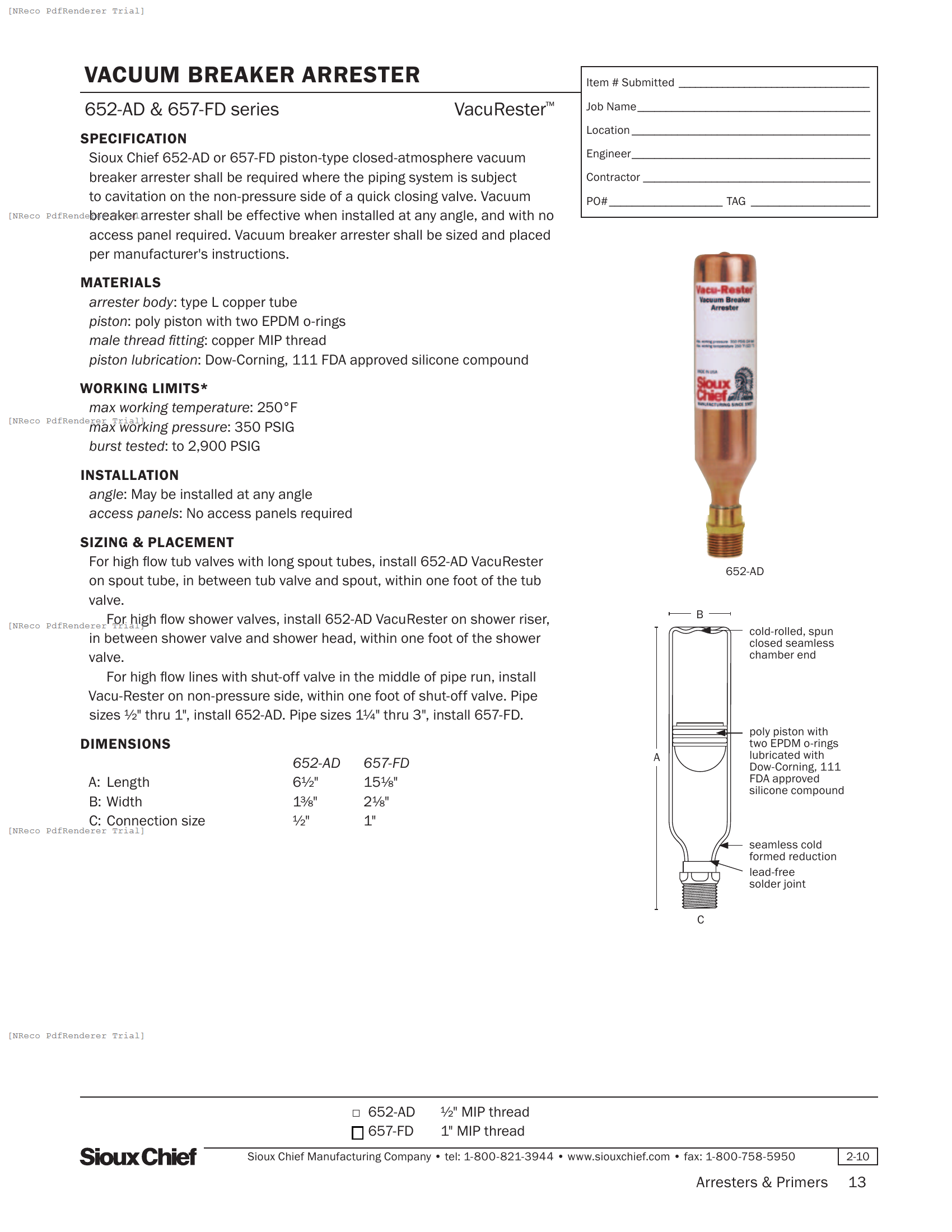 650 SERIES - VACURESTER VACUUM ARRESTER- SPEC SHEET.PDF Specification Document